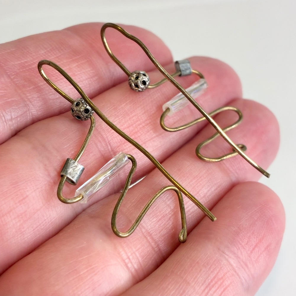 Vintage Earrings Abstract Zig Zag Wire Gold Tone Glass Bead Artisan Modernist - Picture 7 of 11